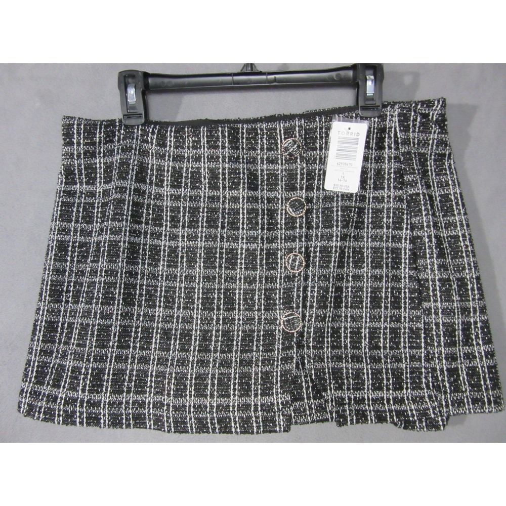 Torrid Skort Womens 1 Black White Boucle Knit Mini Plaid Slit Pull On High Rise